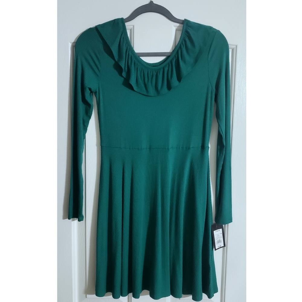 NEW Art Class Spruce Green Ribbed Ruffle Neck Dress - Girls 10/12 (L)